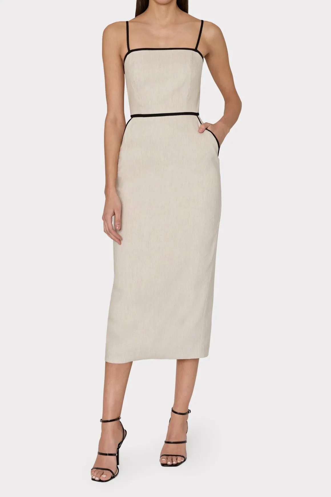 MILLY Guest Of Dresses-Amara Linen Contrast Midi Dress Natural