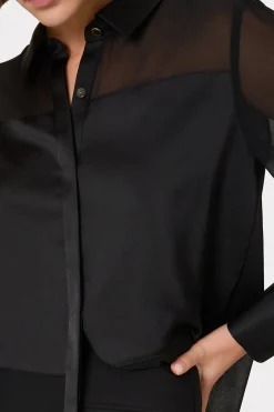 MILLY Jumpsuits & Rompers-Andy Satin Combo Button Up Blouse Black