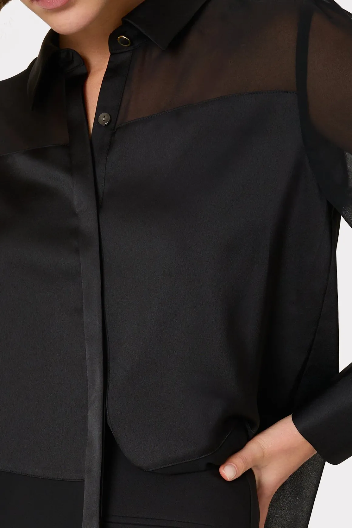 MILLY Jumpsuits & Rompers-Andy Satin Combo Button Up Blouse Black