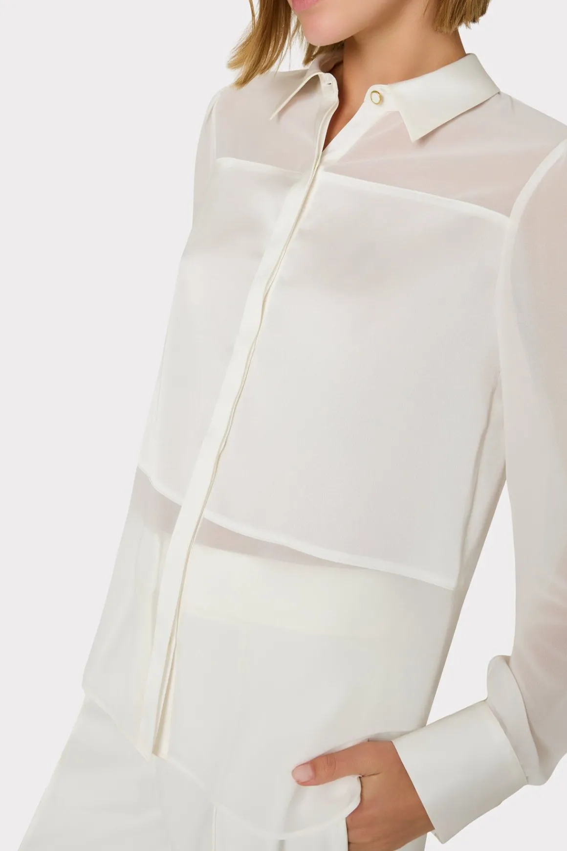 MILLY Jumpsuits & Rompers-Andy Satin Combo Button Up Blouse White