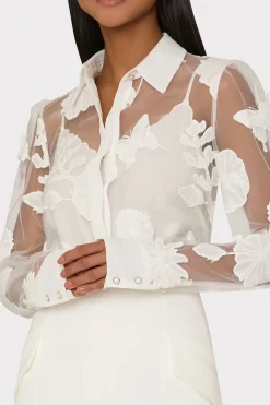 MILLY Jumpsuits & Rompers-Ashley 3D Butterfly Embroidery Blouse White