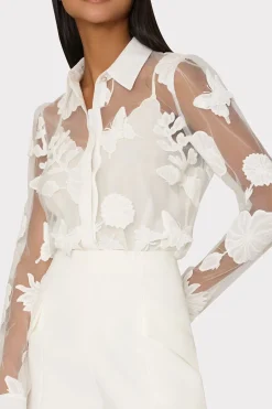 MILLY Jumpsuits & Rompers-Ashley 3D Butterfly Embroidery Blouse White