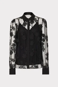 MILLY Jumpsuits & Rompers-Ashton 3D Butterfly Embroidery Blouse Black