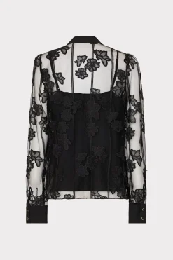 MILLY Jumpsuits & Rompers-Ashton 3D Butterfly Embroidery Blouse Black