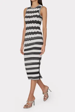 MILLY Day Dresses-Asymetrical Zig Zag Midi Dress Black/Ecru