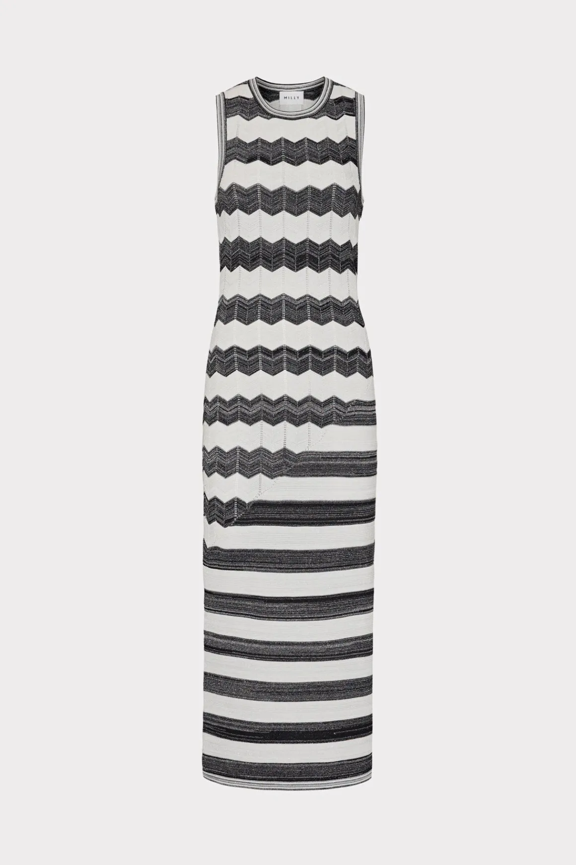 MILLY Jumpsuits & Rompers-Asymetrical Zig Zag Midi Dress Black/Ecru