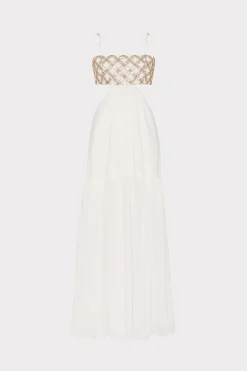 MILLY Cover-Ups-Atalia Mirrored Embroidery Maxi Cover-Up Dress White/Gold
