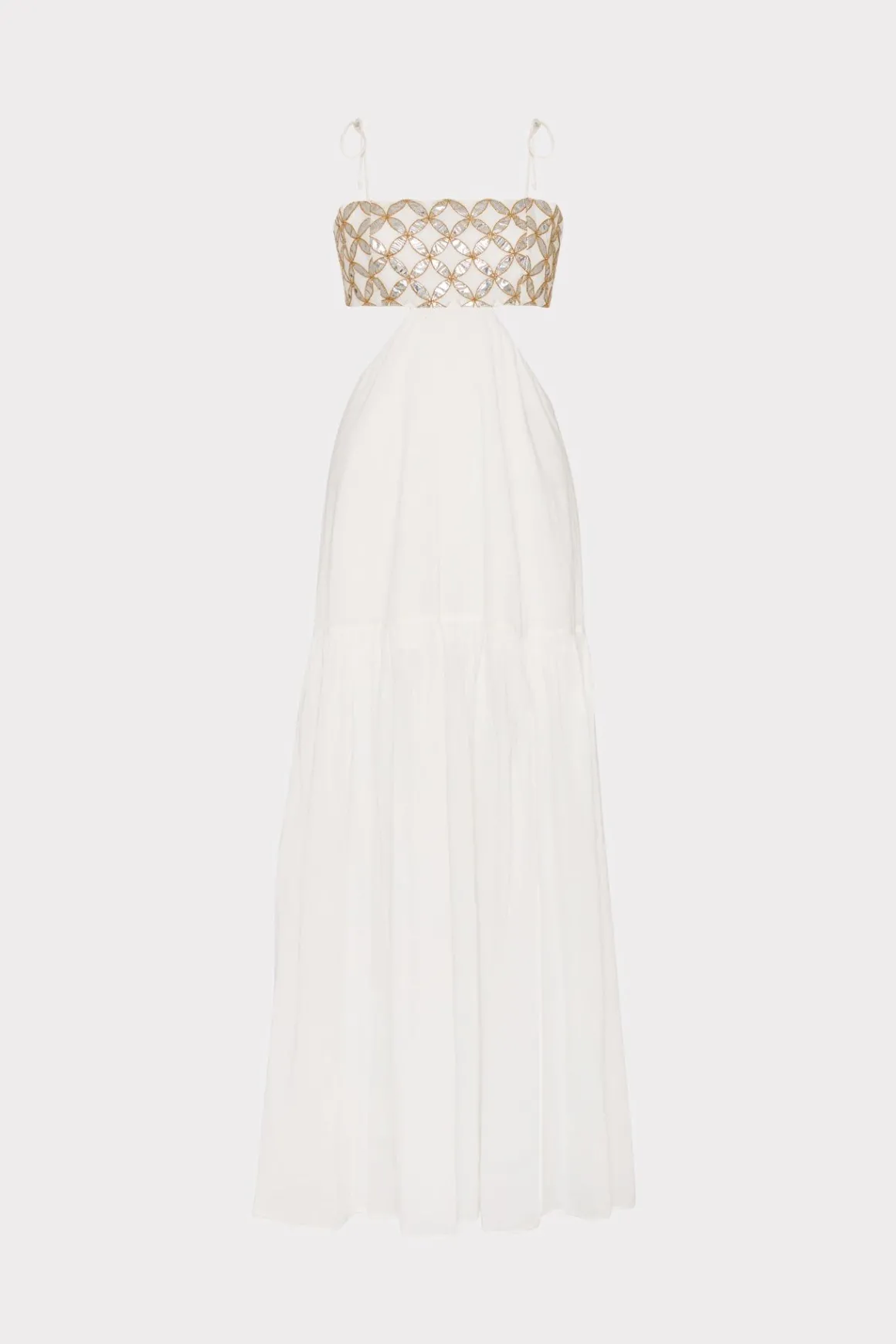 MILLY Cover-Ups-Atalia Mirrored Embroidery Maxi Cover-Up Dress White/Gold