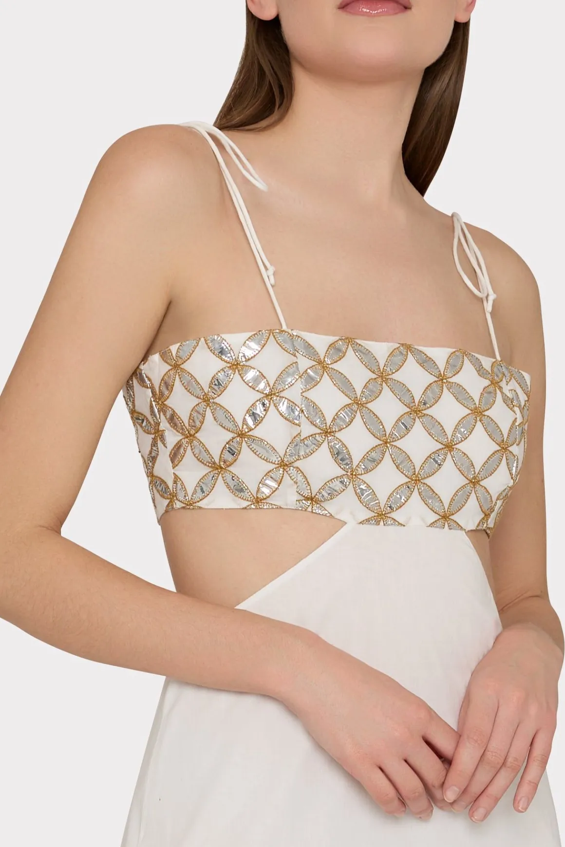MILLY Cover-Ups-Atalia Mirrored Embroidery Maxi Cover-Up Dress White/Gold