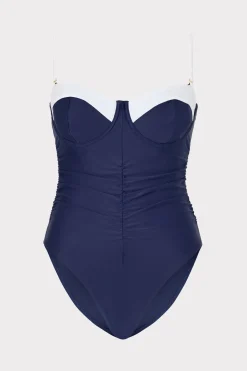 MILLY One Piece Swimsuits-Color Block Ruched One Piece Navy/White