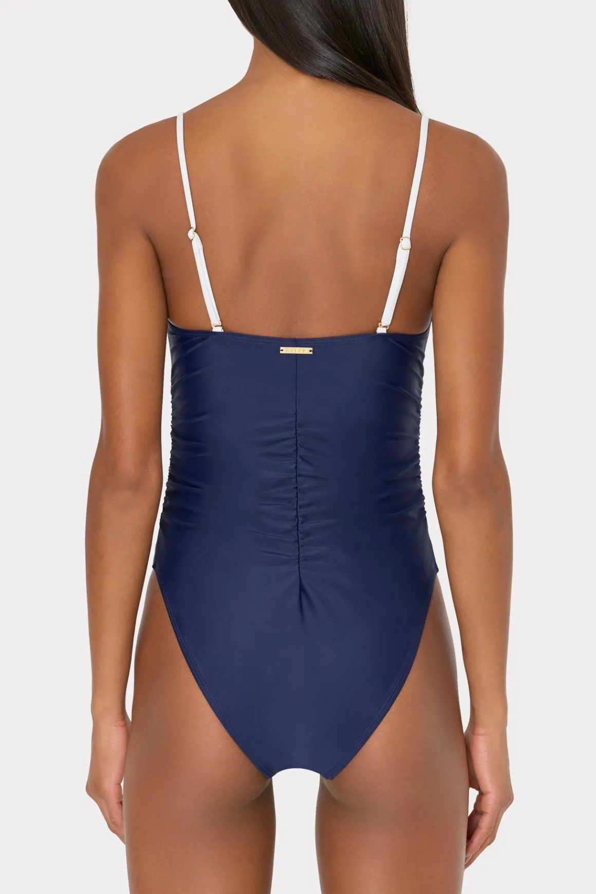 MILLY One Piece Swimsuits-Color Block Ruched One Piece Navy/White
