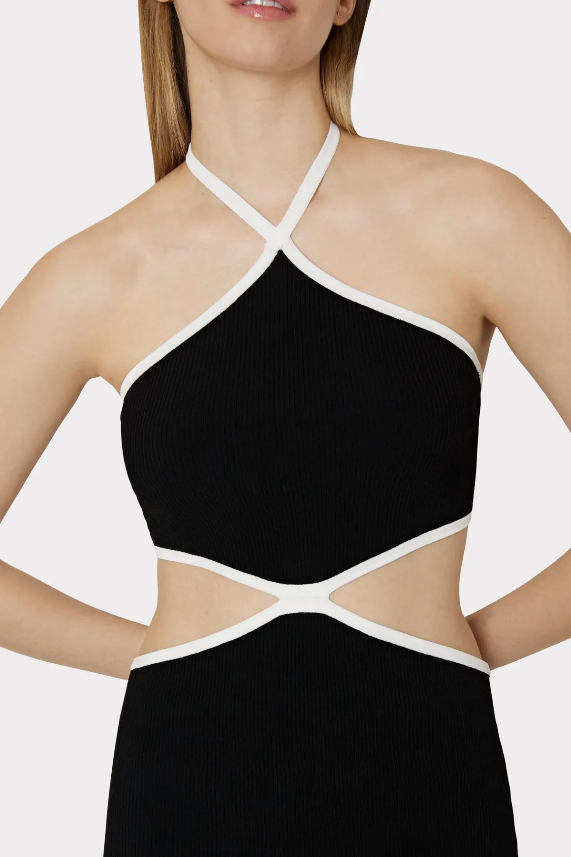MILLY Sundresses-Contrast Trim Halter Mini Dress Black/Ecru