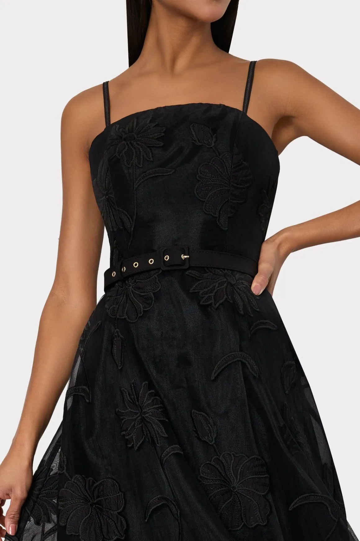 MILLY Cocktail Dresses-3D Butterfly Embroidery Spaghetti Strap Dress Black