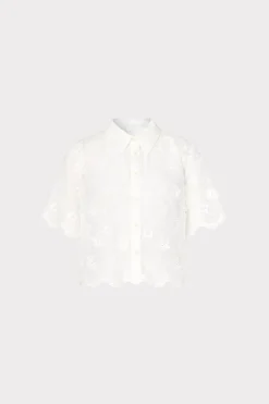 MILLY Cover-Ups-3D Floral Cotton Eyelet Button Up Top White