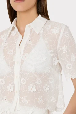 MILLY Cover-Ups-3D Floral Cotton Eyelet Button Up Top White