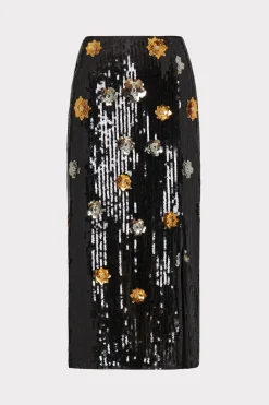 MILLY Skirts-3D Floral Sequins Skirt Black Multi