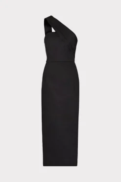 MILLY Little Black Dresses-Draped One Shoulder Linen Dress Black