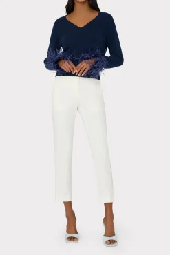 MILLY Tops-Feather Cuff V-Neck Sweater Navy