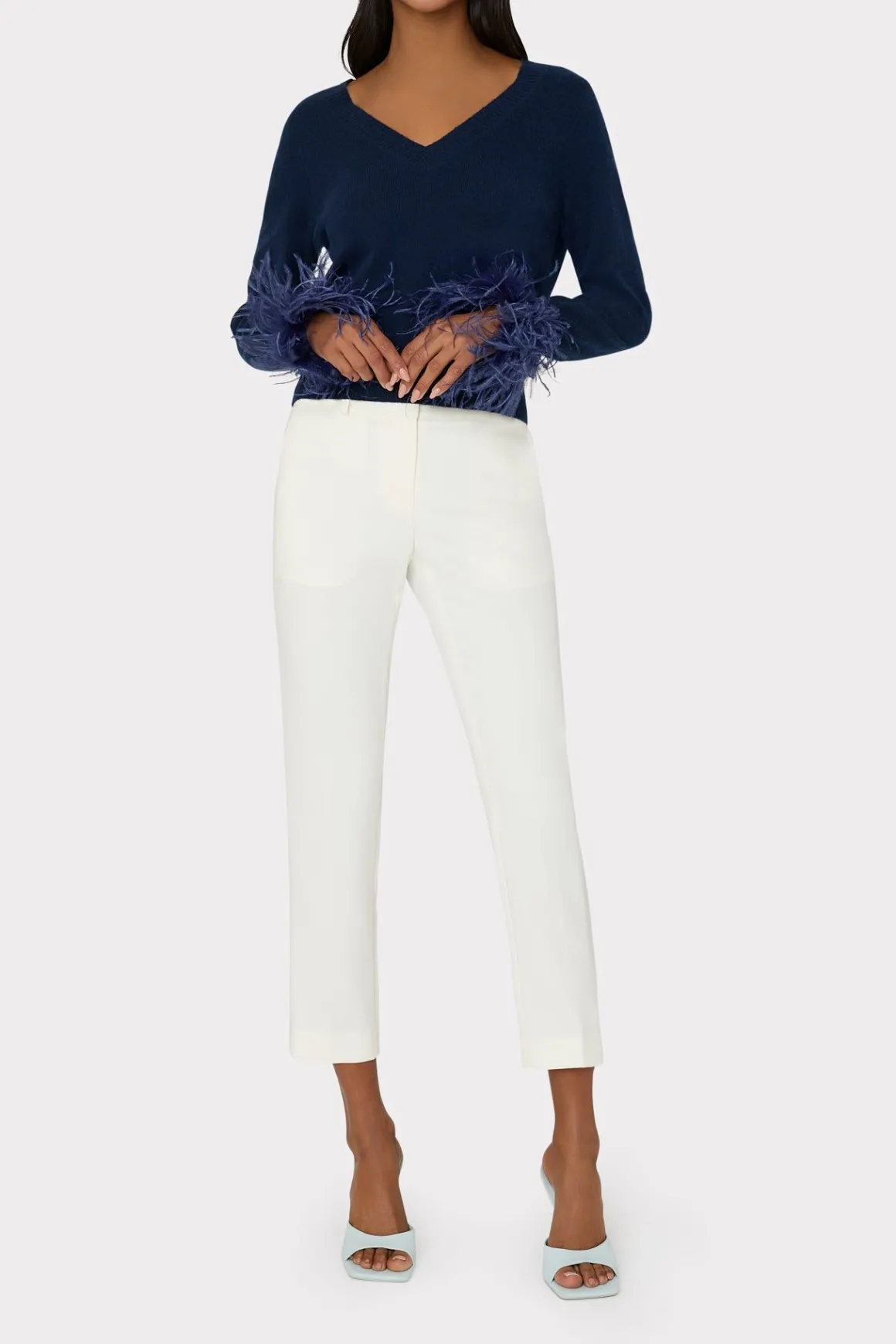 MILLY Sweaters & Knits-Feather Cuff V-Neck Sweater Navy