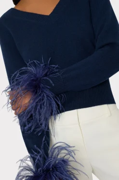 MILLY Sweaters & Knits-Feather Cuff V-Neck Sweater Navy
