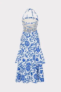 MILLY Day Dresses-Flowers Of Spain Linen Maxi Dress Blue/White