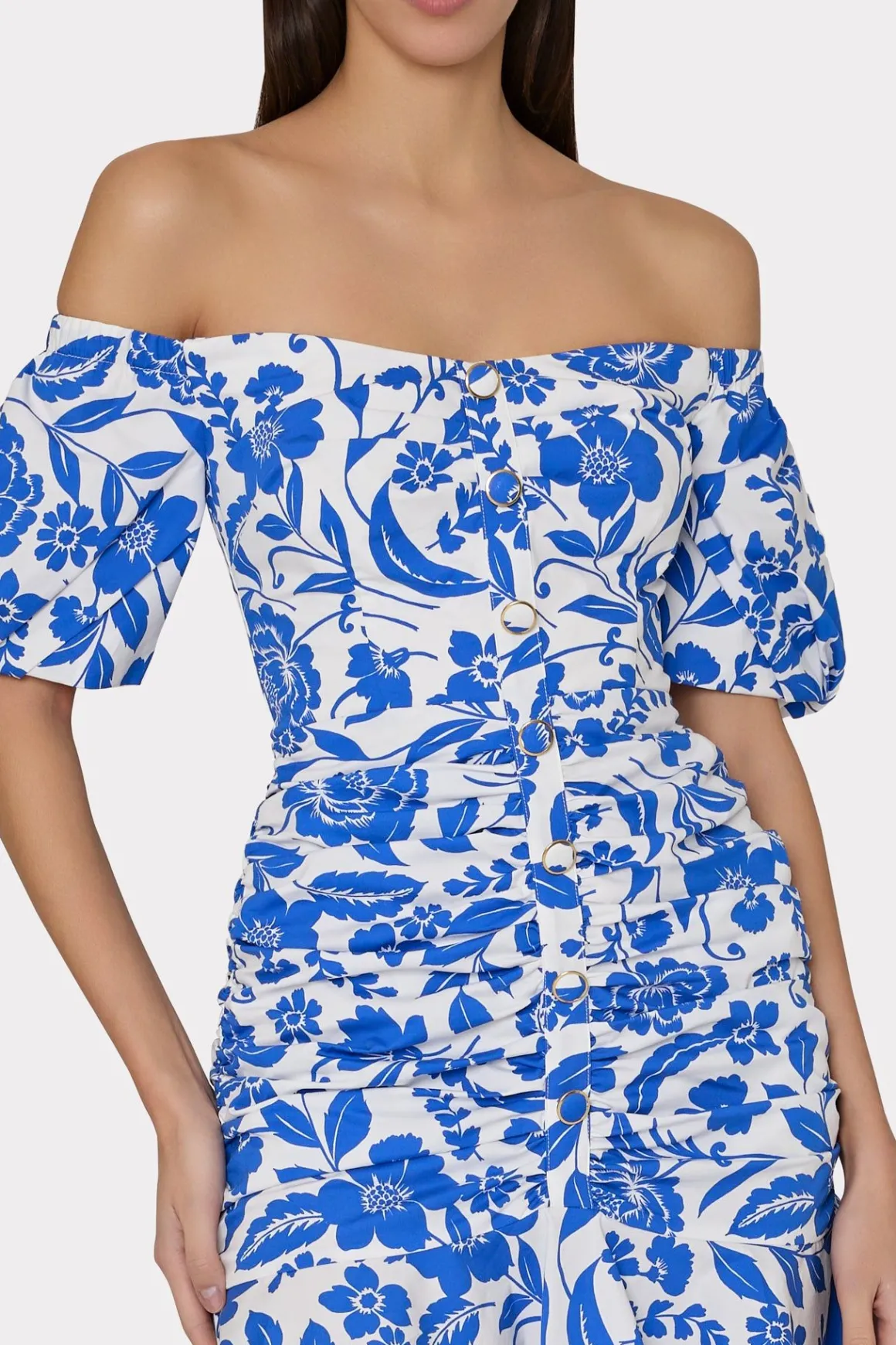MILLY Jumpsuits & Rompers-Flowers Of Spain Off The Shoulder Dress Blue/White