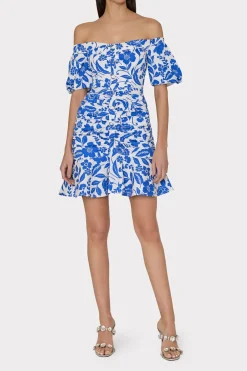 MILLY Mini Dresses-Flowers Of Spain Off The Shoulder Dress Blue/White