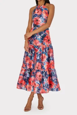 MILLY Guest Of Dresses-Hayden Watercolor Poppy Jacquard Dress Red Multi