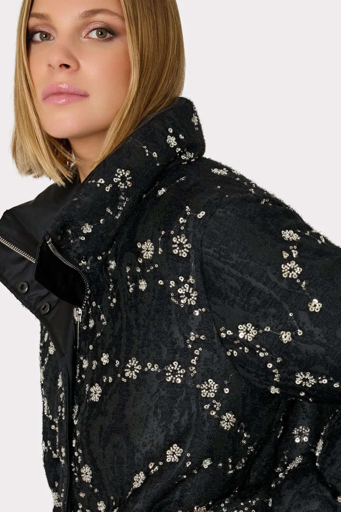MILLY Coats & Jackets-Hayes Cropped Beaded Puffer Black