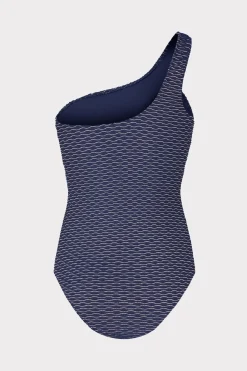 MILLY One Piece Swimsuits-Joni Textured Waves One Shoulder One Piece Navy