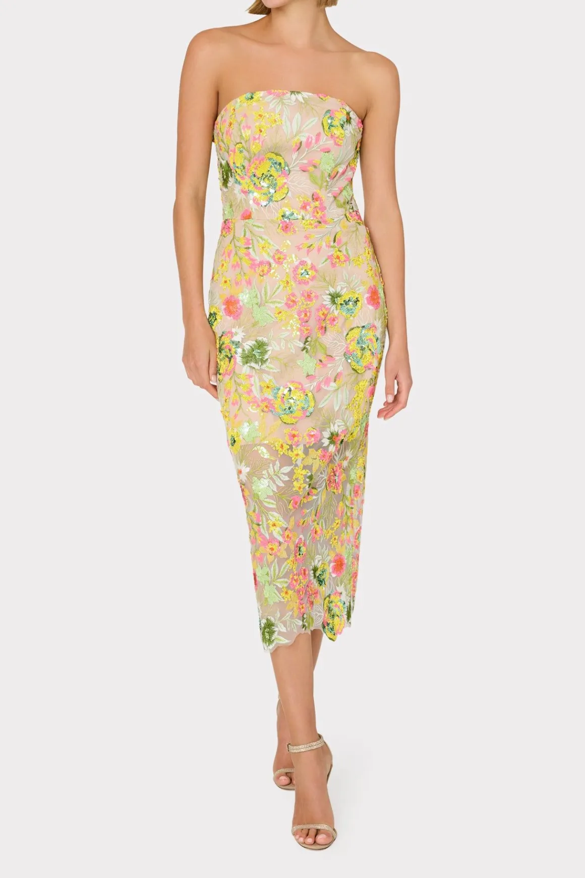 MILLY Guest Of Dresses-Kait Botanical Petals Sequins Dress Green Multi