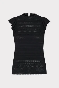 MILLY Sweaters & Knits-Knit Pointelle Flutter Sleeve Top Black