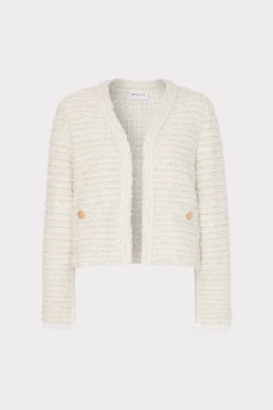 MILLY Coats & Jackets-Knit Textured Boucle Cardigan Jacket Ecru Multi