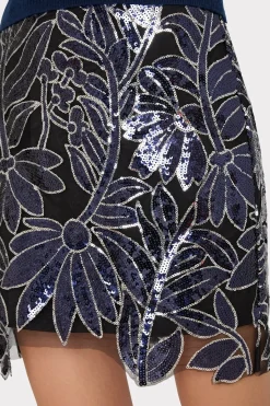 MILLY Skirts-Kristina Floral Sequins Skirt Navy/Silver