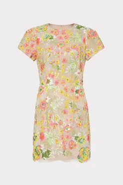 MILLY Guest Of Dresses-Kyla Botanical Petals Sequins Dress Green Multi