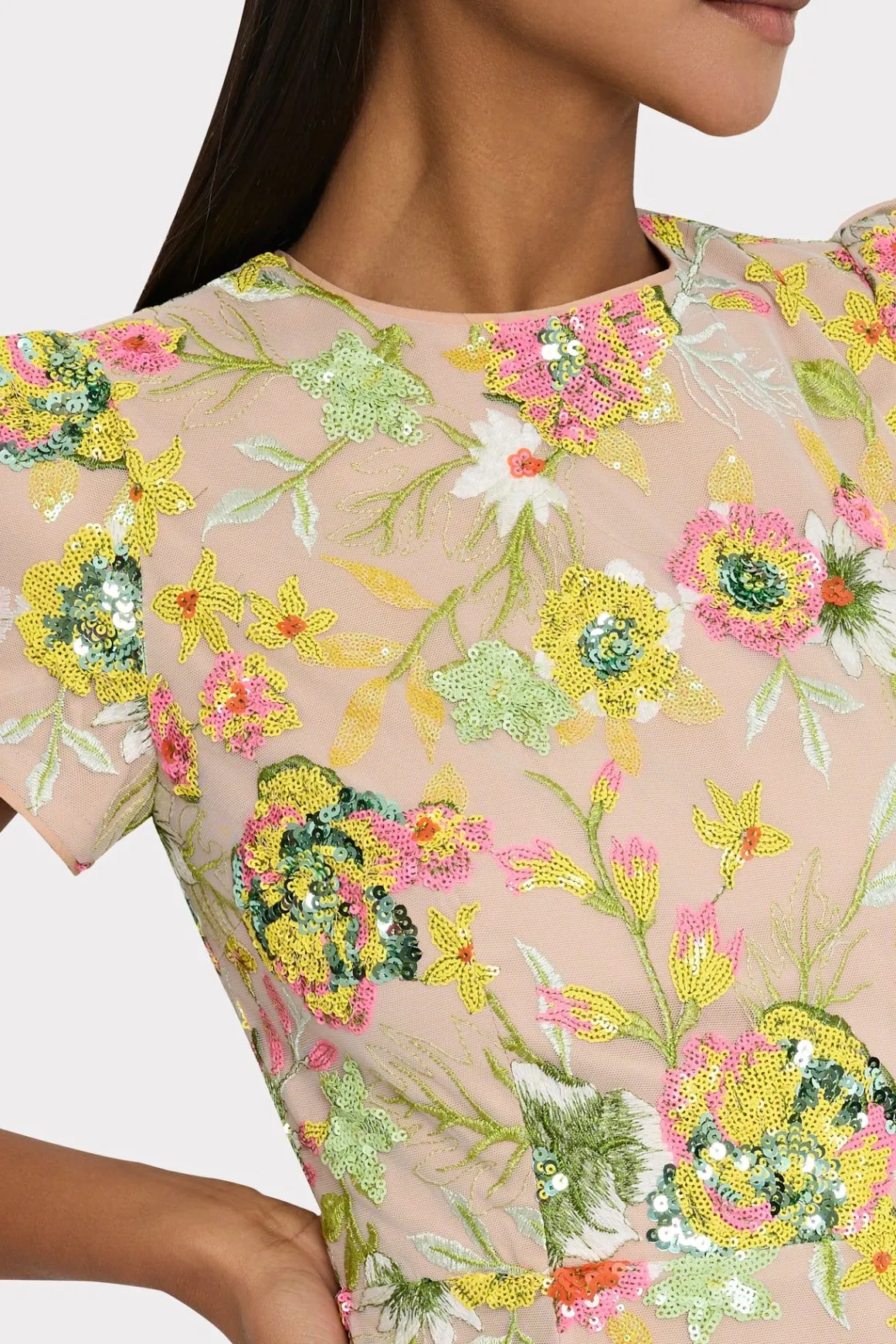 MILLY Guest Of Dresses-Kyla Botanical Petals Sequins Dress Green Multi