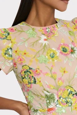 MILLY Mini Dresses-Kyla Botanical Petals Sequins Dress Green Multi