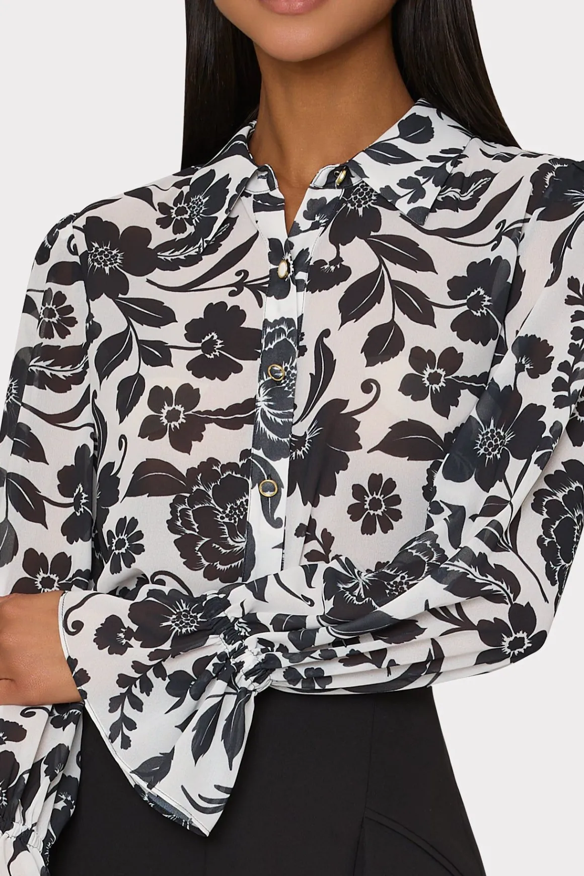 MILLY Tops-Lacey Petals In Bloom Blouse Black Multi