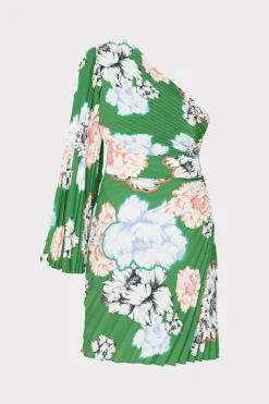 MILLY Mini Dresses-Linden Petals In Bloom Pleated Dress Green Multi