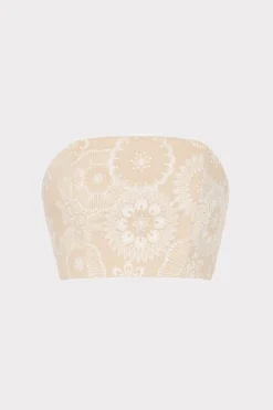 MILLY Tops-Linen Embroidered Crop Top Natural/Ecru