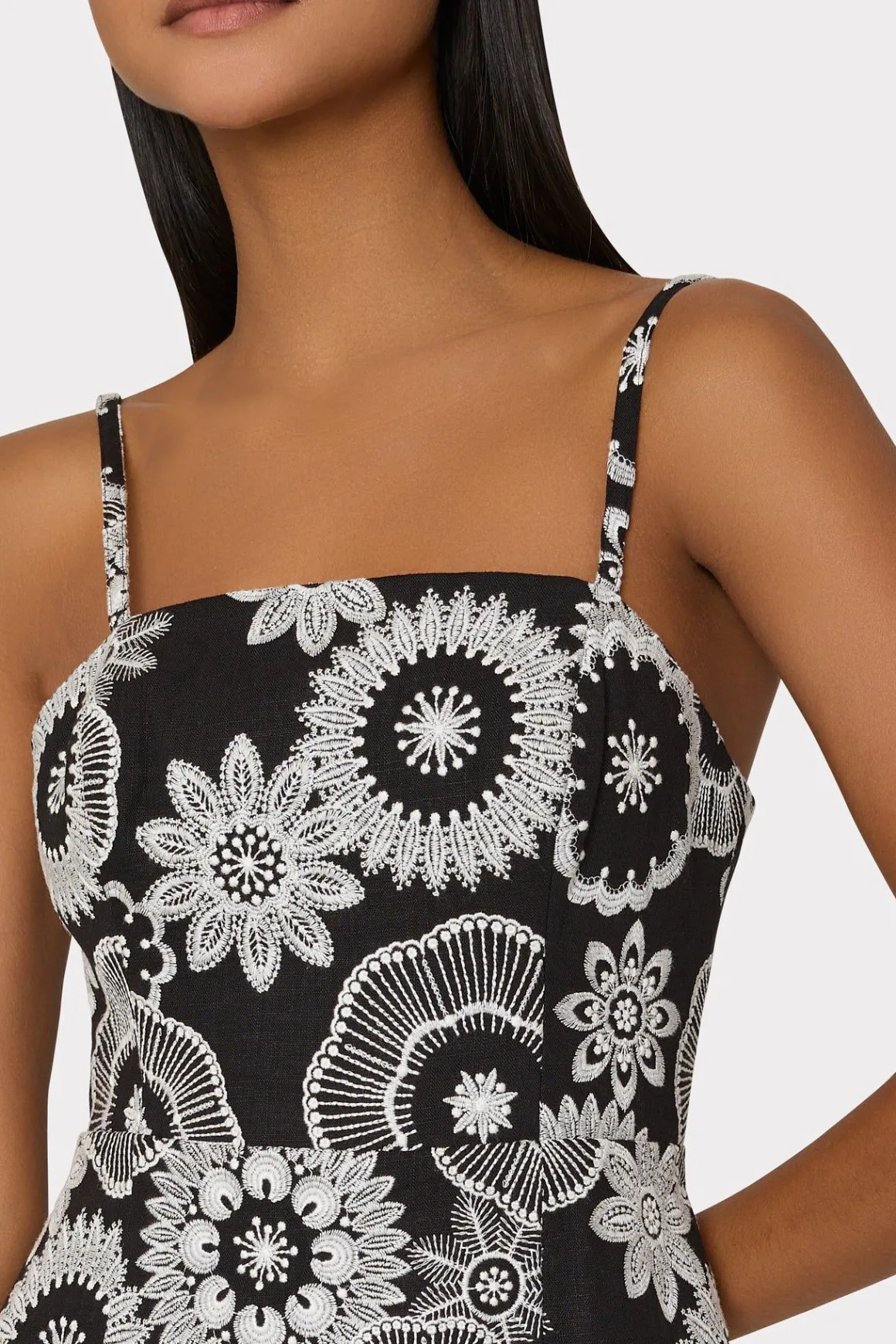 MILLY Mini Dresses-Linen Embroidered Dress Black/White