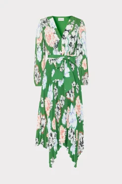 MILLY Guest Of Dresses-Liora Petals In Bloom Pleated Dress Green Multi