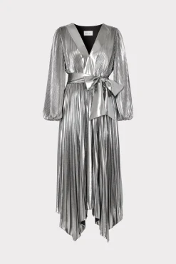 MILLY Maxi Dresses-Liora Pleated Lame Dress Silver