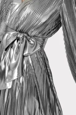 MILLY Maxi Dresses-Liora Pleated Lame Dress Silver