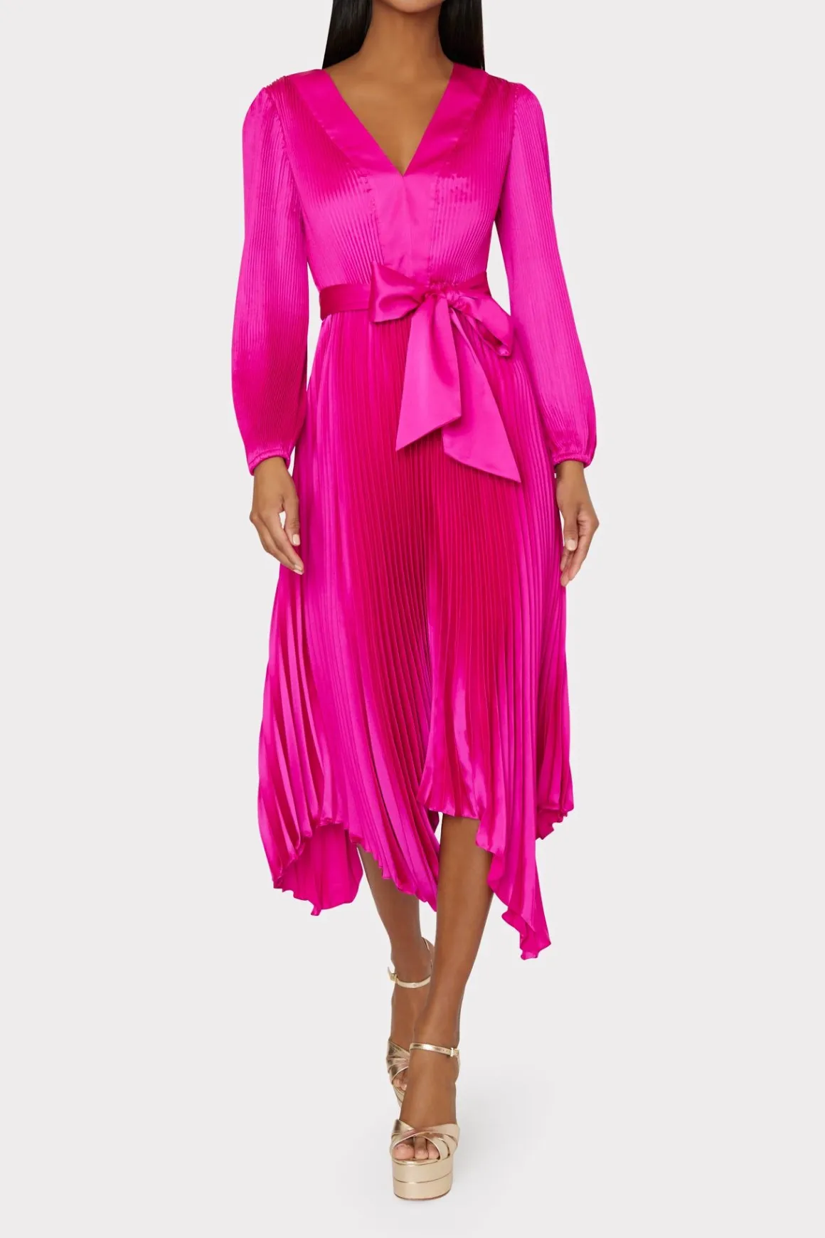 MILLY Maxi Dresses-Liora Satin Pleated Dress Fuchsia