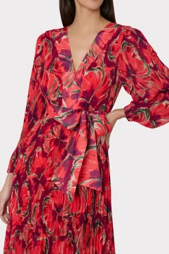MILLY Maxi Dresses-Liora Windmill Floral Pleated Dress Red Multi