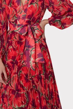 MILLY Maxi Dresses-Liora Windmill Floral Pleated Dress Red Multi