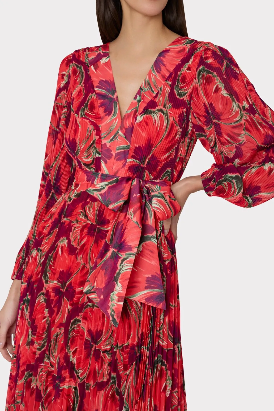 MILLY Guest Of Dresses-Liora Windmill Floral Pleated Dress Red Multi