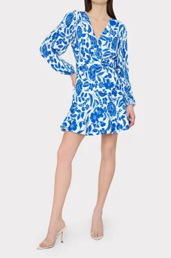 MILLY Mini Dresses-Liv Flowers Of Spain Pleated Dress Blue/White