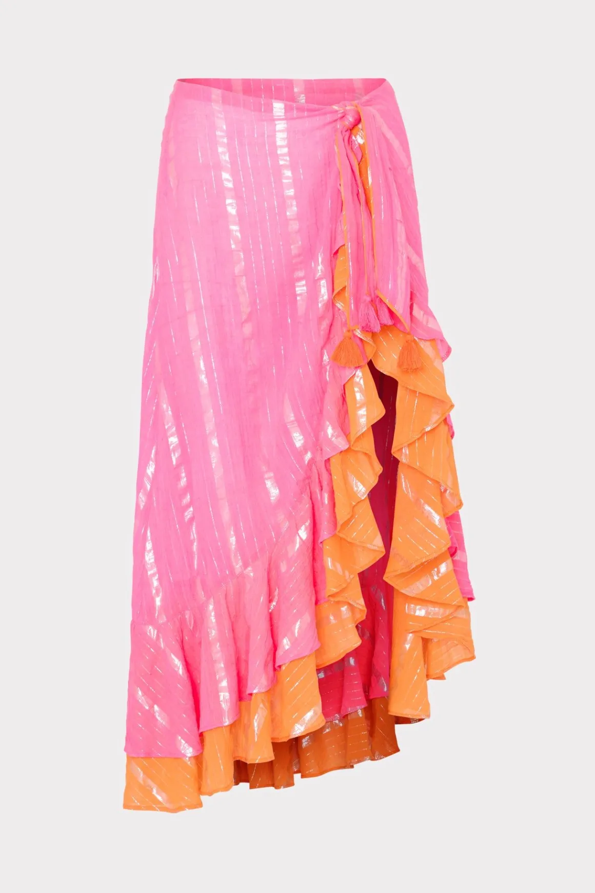 MILLY Jumpsuits & Rompers-Lurex Stripe Ruffle Wrap Skirt Neon Pink/Orange